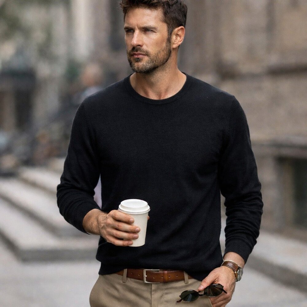 Jos A. Bank Sweater Black Crewneck Pullover Long Sleeve Wool Men M Classic Look